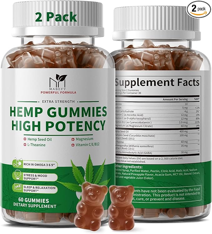 2 Pack Hemp Gummies with Ashwagandha GABA L-Theanine Magnesium Vitamins B12 E &amp C - Supports Sleep Stress Relax &amp Calm Supplement Pineapple Flavor 120 Bears Gummies Vegan Gluten-Free