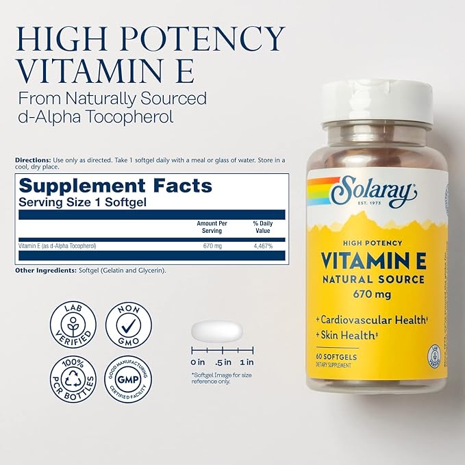 SOLARAY Vitamin E 1000 IU Softgel Capsules 670 mg - d Alpha Tocopherol Vitamin E Supplements - Skin Health Heart Function and Antioxidant Support - 60-Day Guarantee - 60 Servings 60 Softgels