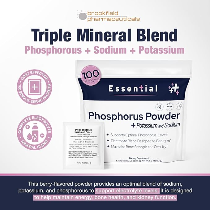 Phosphorus Supplements 100 Packets Dietary Supplements Powder with Sodium Phosphate and Potassium Phosphate Fruit Flavored Phosphorous Supplement Powder for Electrolyte Bone Health &amp Kidney Hea