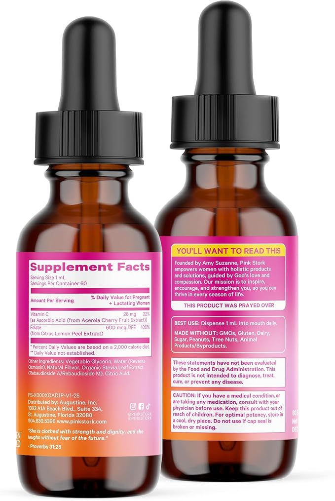 Pink Stork Liquid Folate Drops – 5-MTHF Methylfolate B9 Vitamin | Liquid Folic Acid Alternative for Women | Prenatal Folate Non-GMO Vegan Sublingual Methylfolate Supplement | 2 fl oz