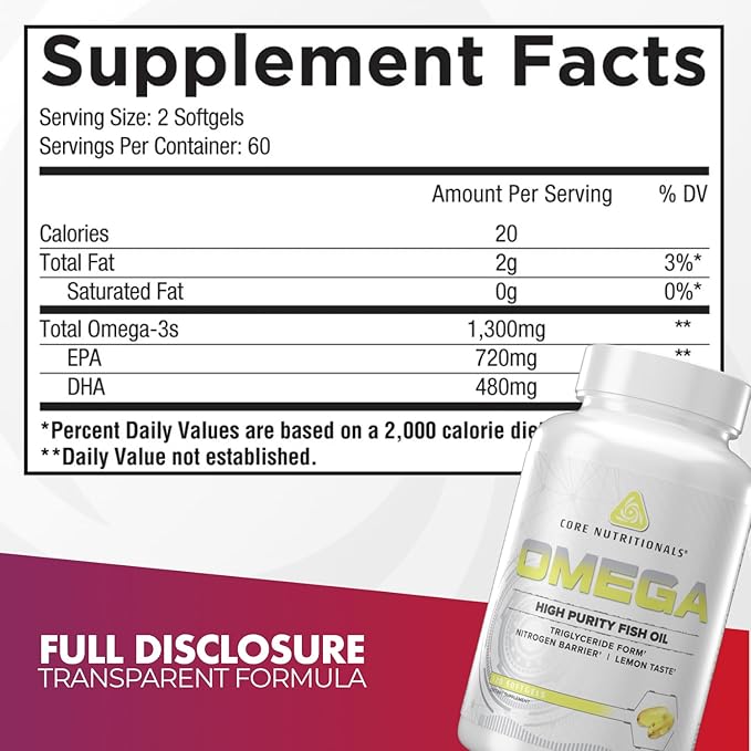 Core Nutritionals Omega High Purity Fish Oil | Triglyceride Form EPA &amp DHA | 1300mg Omega-3s | Brain &amp Heart Health Support | Lemon Taste | 120 Softgels