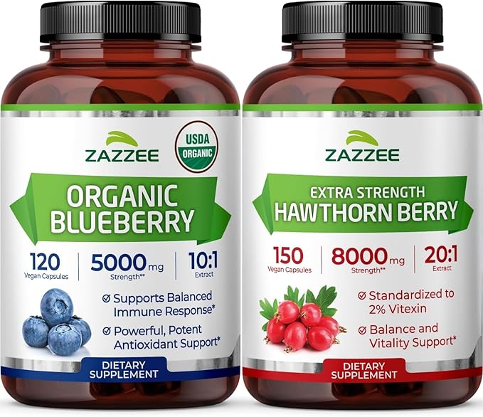 Zazzee Polyphenol Circulatory Support Bundle | Extra Strength 20:1 Hawthorn Berry Capsules &amp Antioxidant Rich Blueberry Extract | Non-GMO Vegan &amp ISO Lab Tested