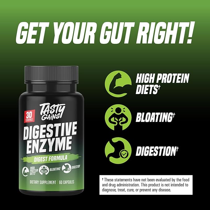 TASTY GAINS - Complete Digestive Enzymes Supplement for Gut Health - Bloating Relief for Men and Women - Enzymes for Digestion - Food Discomfort Relief &amp Debloat (60 Capsules)