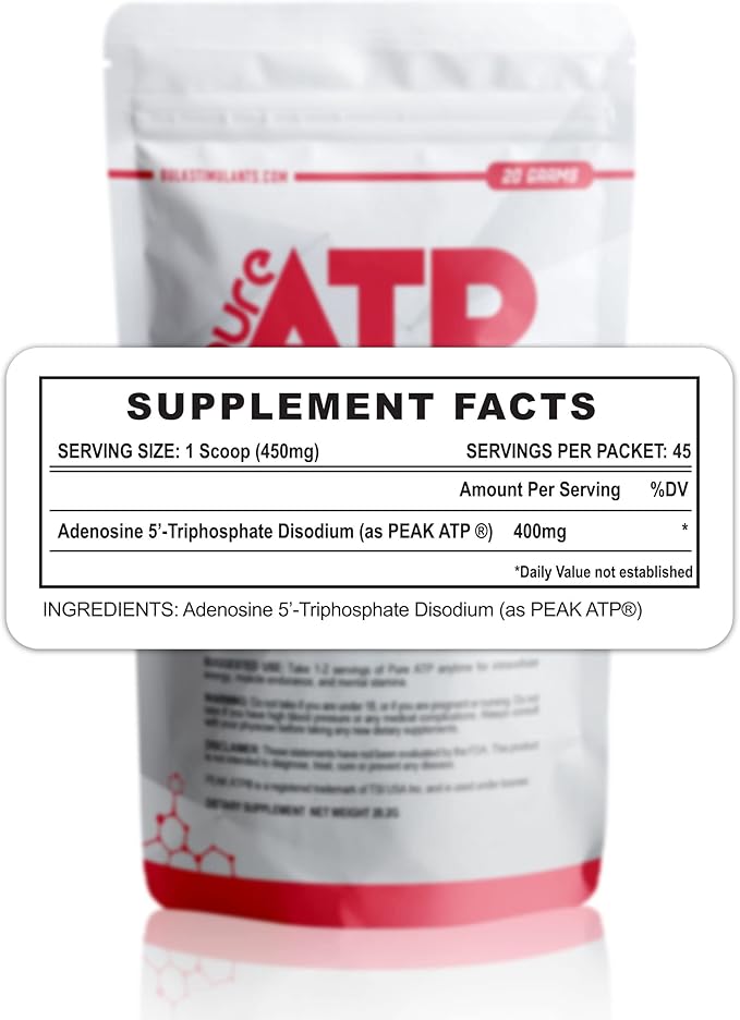BulkStimulants Pure ATP Adenosine Triphosphate Powder - Increase Energy Endurance Strength Recovery &amp Muscle Pump Faster Than Creatine HMB &amp Nitric Oxide Natural Pre Workout Supplement -