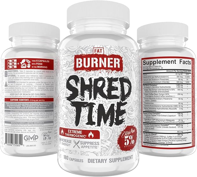 5% Nutrition Shred Time Fat Burner | Green Tea Coffee Bean Cayenne Theobromine GBB | Appetite Suppression | 30 Servings (180 Capsules)