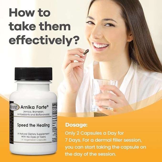 DermAvance Arnika Forte Capsules – Swelling and Bruising Reducer After Surgery and Aesthetic Treatments Antioxidants &amp Bioflavonoids Arnica 1000mg Bromelain 125mg 3000GDU - 14 Capsules