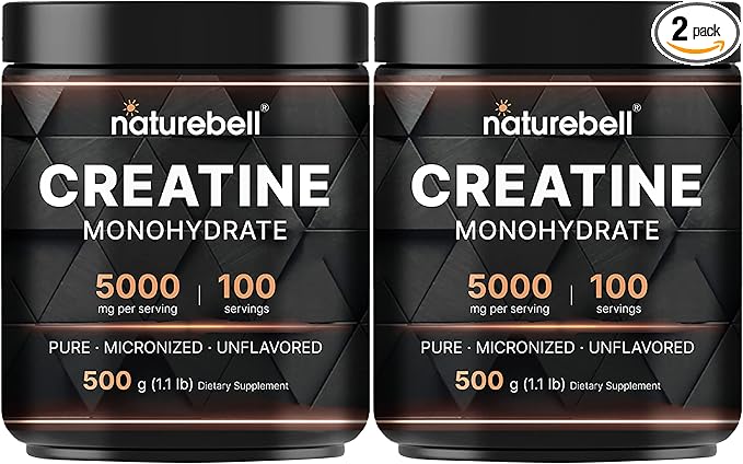 NatureBell 2 Pack Instant Creatine Monohydrate Powder 500g 5000mg Per Serving | Micronized Pure &amp Unflavored | Pre-Workout | Keto Vegan Filler-Free | 200 Servings (2.2 lb)