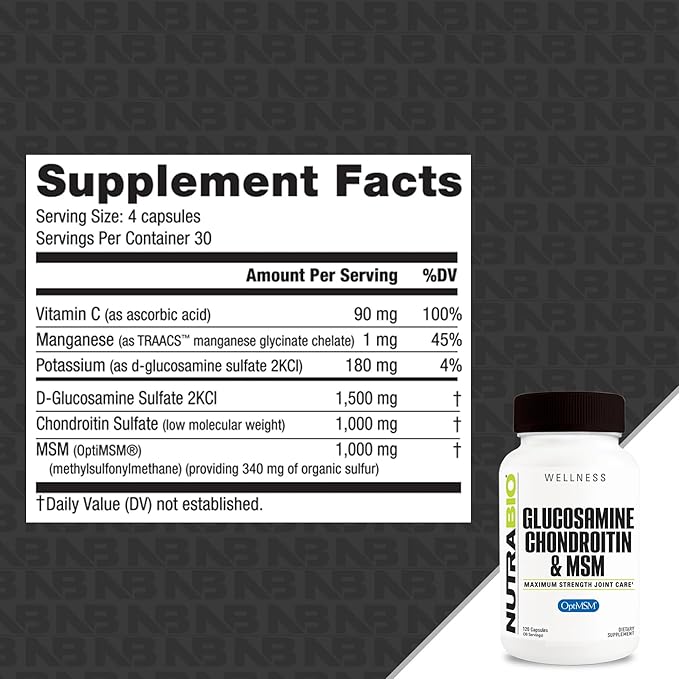 NutraBio Glucosamine Chondroitin &amp OptiMSM Supplement Joint Support Formula - 120 Capsules (120 Count)