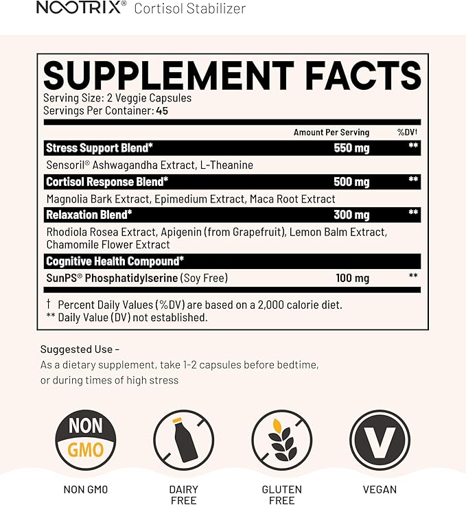 Nootrix Cortisol Manager &amp Stabilizer Supplement | Supports Deep Sleep Relaxation Adrenal Health &amp Stress | 300mg Ashwagandha | L-Theanine Rhodiola Rosea Extract &amp Apigenin | 90 Capsule