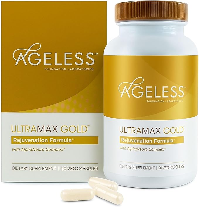 AGELESS™: UltraMAX Gold™ Capsules HGH Anti-Aging Supplement for Women Slows Cellular Aging Supports Immune Health Smoother Skin Tone and Restorative Sleep Weight Management 90 Capsules