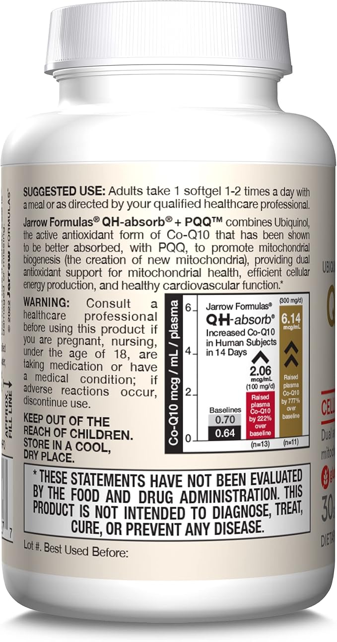 Jarrow Formulas QH-absorb + PQQ - 30 Softgels - Dietary Supplement Supports Mitochondrial Biogenesis Energy Production &amp Cardiovascular Health - Up to 30 Servings