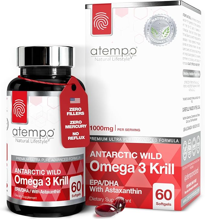 Antarctic Krill Oil 1000mg Rich in Omega 3 Healthy Fatty Acid Extra Strength EPA &amp DHA with Natural Astaxanthin Heart &amp Brain Health Superior Absorption 60 Small softgels. No Aftertaste or R