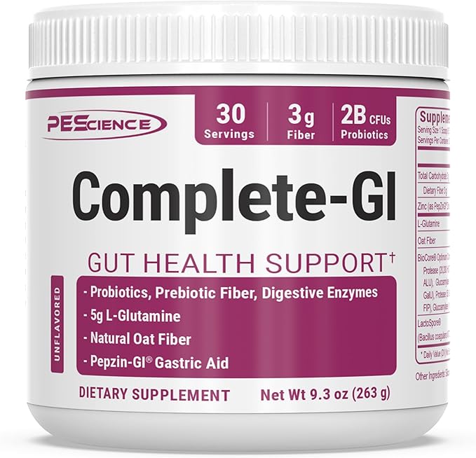 PEScience Complete-GI Gut Health Powder Probiotics for Women and Men Digestive Enzymes Prebiotic Fiber L-Glutamine Pepzin GI Zinc Carnosine - Unflavored 30 Servings