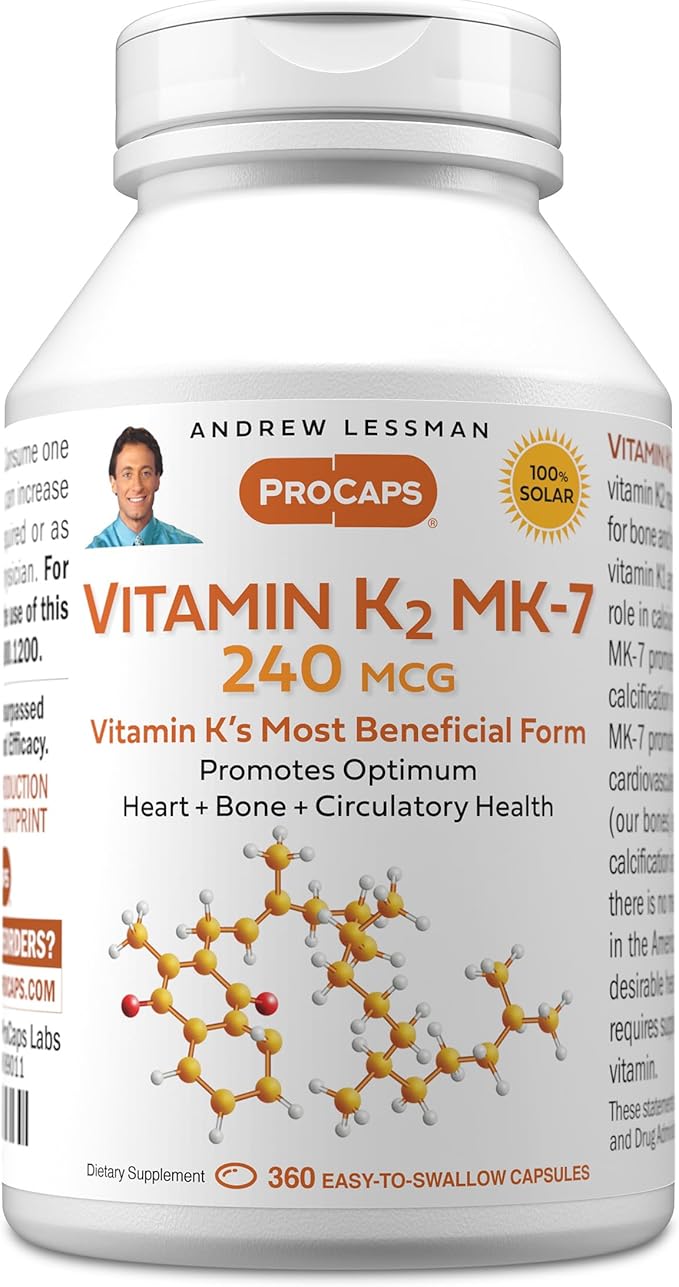 ANDREW LESSMAN Vitamin K2 MK7 240 mcg 360 Softgels - Essential for Healthy Calcium Utilization Promotes Optimum Skeletal Heart and Arterial Health. No Additives. Small Easy to Swallow Softgels