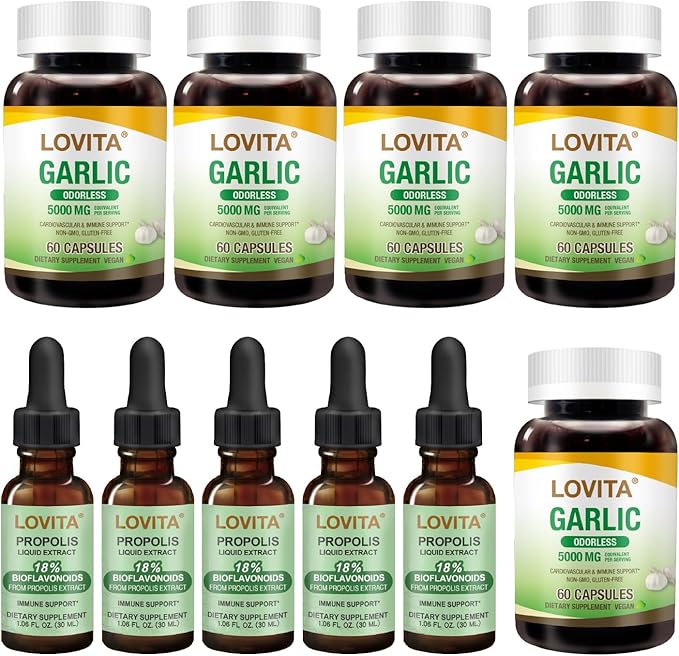 LOVITA 10-Pack Bulk Bundle - 5 Propolis Drops &amp 5 Odorless Garlic Non-GMO Heart &amp Immune Defense (10 Pc)