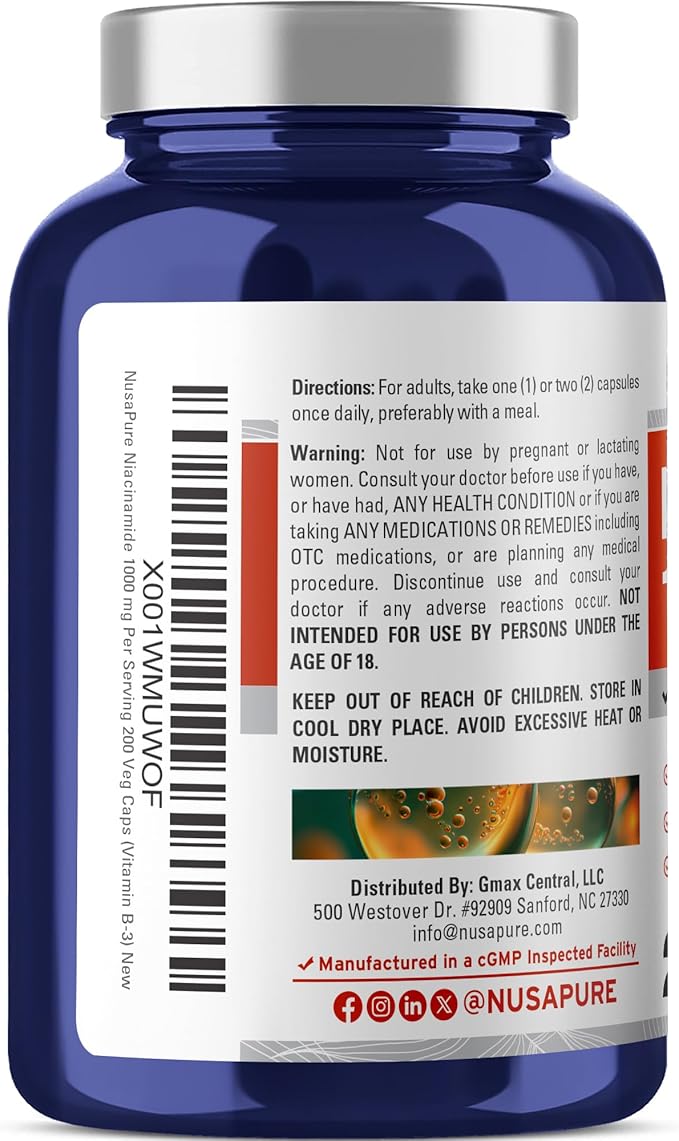 NusaPure Niacinamide 1000mg 200 Veggie Capsules (Non-GMO Vegan) Flush Free