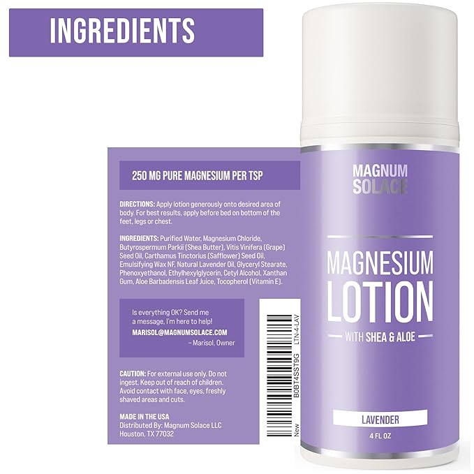 Magnum Solace Magnesium Lotion – Super Concentrated – Made with Aloe and Shea – Safe for Kids Made in the USA (Lavender)