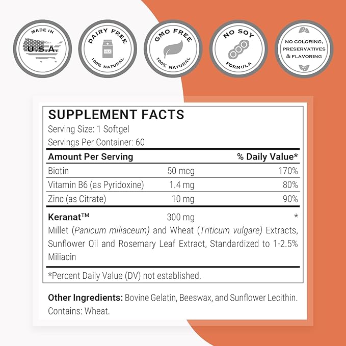 Supersmart - Keranat (Advanced Formula with Biotin) - Hair Supplement for Volume &amp Growth - Hair Loss Vitamins | Non-GMO &amp Gluten Free - 60 Softgels