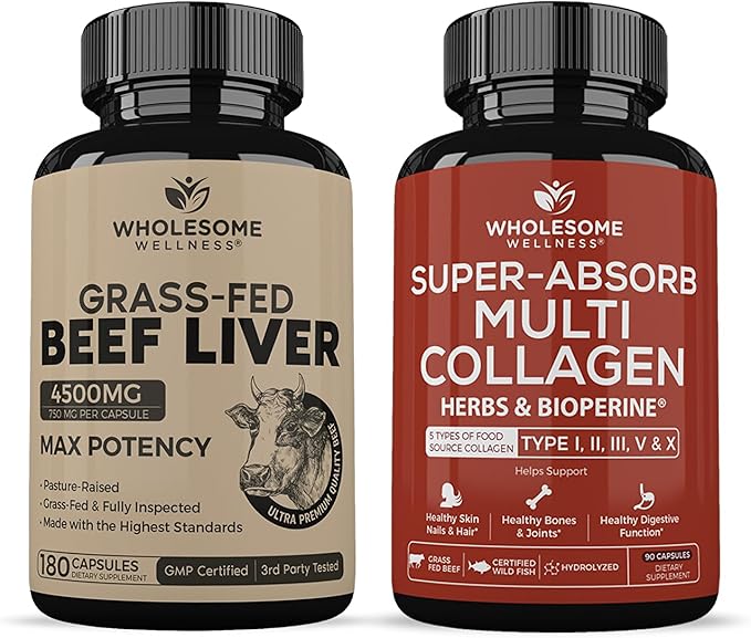 Grass Fed Desiccated Beef Liver Capsules (180 Pills 750mg Each) - Natural Iron Vitamin A B12 for Energy + Super-Absorb Multi Collagen Pills (Type I II III V X) Organic Herbs and Bioperine Bundle