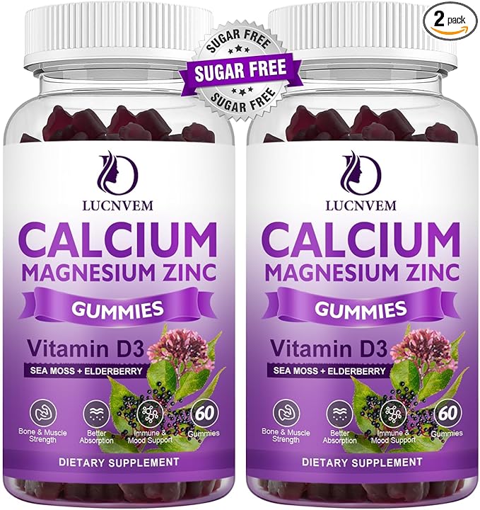 (2 Pack) Sugar Free Calcium Magnesium Zinc Gummies Calcium Magnesium 2:1 Contains Magnesium Glycinate Vitamin D3 Sea Moss for Bones Muscles Calm Mood &amp Sleep Support Vegan 120 Gummies