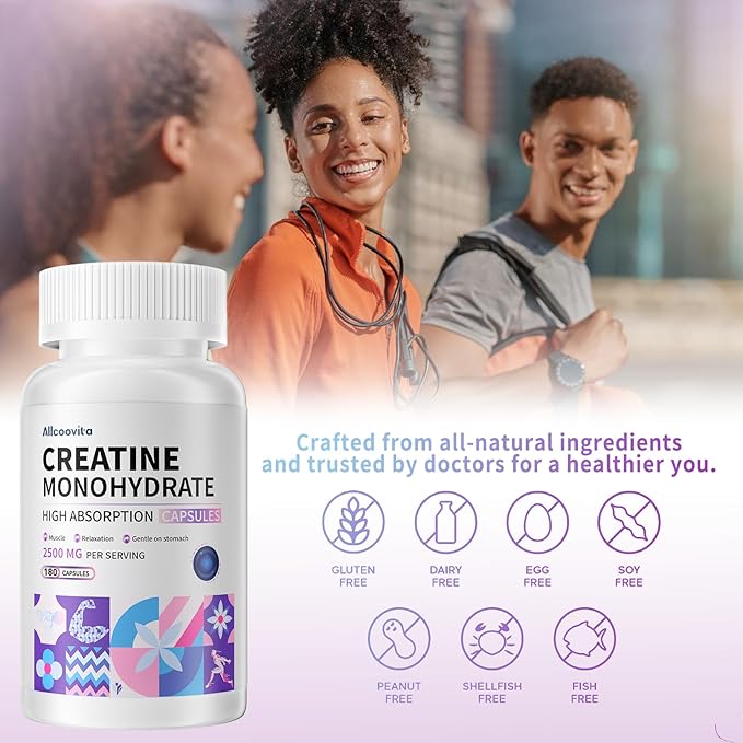 Allcoovita Creatine Monohydrate Capsules -3 Creatine Capsules per Serving 2500mg Gluten Free 180 Capsules