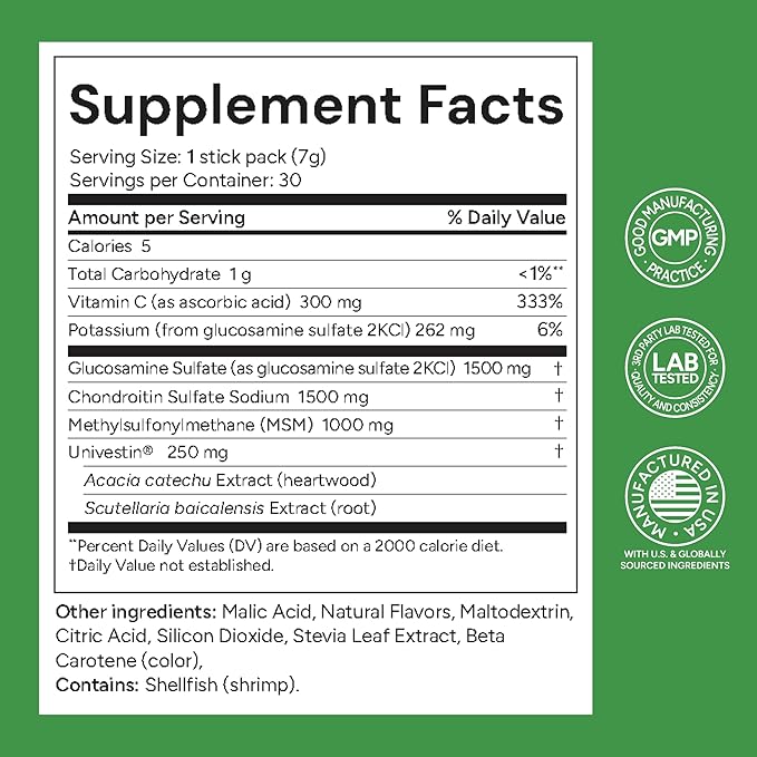 Glucosamine Chondroitin MSM and Univestin All-in-one Joint Support Easy to Carry Mango Flavor (30-Day Supply)