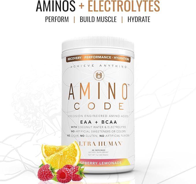 Ultra Human Amino Code | Essential Amino Acids + BCAAs + Coconut Water Electrolytes | Fast Hydration Amino Energy Powder Drink | 40 Servings - Raspberry Lemonade