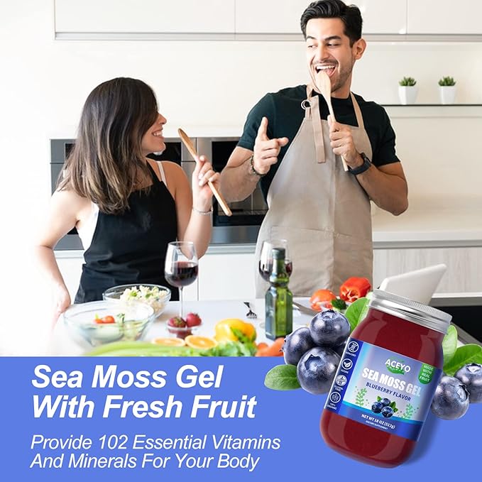 ACEYO (18 OZ) Irish Sea Moss Gel Organic Raw Vegan Blueberry Flavor 102 Vitamins and Minerals Wild Harvested Non-GMO Immune Defense Booster Thyroid Digestive Support