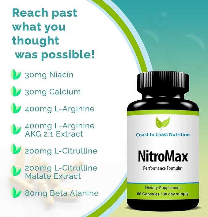 NitroMax Performance Formula – L-Arginine Nitric Oxide Supplement Plus Citrulline AKG Beta Alanine – Build Muscle Vascularity Energy Circulation – Workout Harder - 60 L-Arginine Capsules