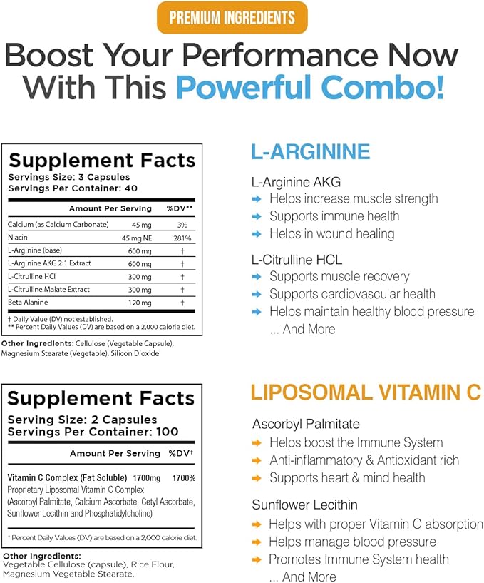 Max Strength Nitric Oxide Booster Bundle – L-Arginine &amp Liposomal Vitamin C With L Citrulline Ascorbyl Palmitate Natural Absorb Boost Formula To Support Exercise Energy Immune Health Slim Loo
