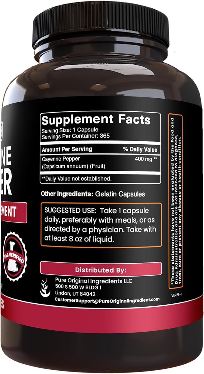 PURE ORIGINAL INGREDIENTS Cayenne Pepper (365 Capsules) No Magnesium Or Rice Fillers Pure Lab Verified