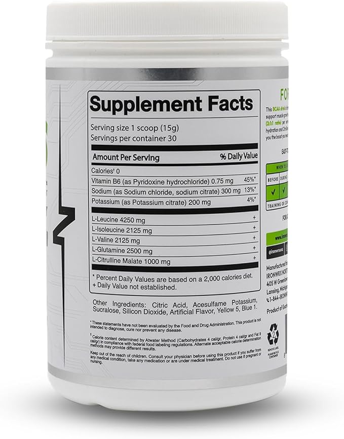 BCAA Powder | 8g Amino Acids per Serving | 2:1:1 Ratio with Citrulline Malate &amp L-Glutamine | Advanced Muscle Recovery &amp Soreness Support | Green Apple 30 Servings | Zero Sugar Keto Friendly