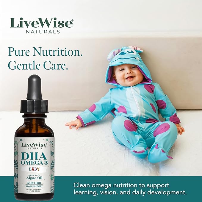 LiveWise Naturals DHA Omega 3 Drops for Kids - Vegan Liquid Omega 3 for Infants Toddlers &amp Children - Essential DHA Supplement for Baby Brain Eye &amp Immune Health