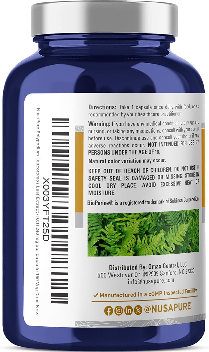 NusaPure Polypodium Nicotinamide Capsules 240 mg 150 Veg Capsules (Non-GMO Soy Free)