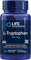 Life Extension L-Tryptophan 500 mg Encourages Healthy Serotonin Levels and Promotes Healthy Sleep Mood Stress Response &amp Satiety Gluten-Free Non-GMO Vegetarian 90 Capsules