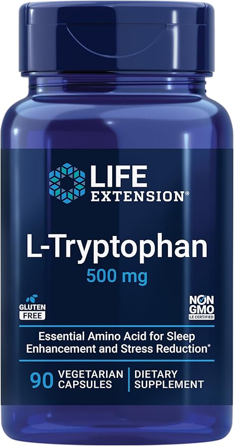 Life Extension L-Tryptophan 500 mg Encourages Healthy Serotonin Levels and Promotes Healthy Sleep Mood Stress Response &amp Satiety Gluten-Free Non-GMO Vegetarian 90 Capsules