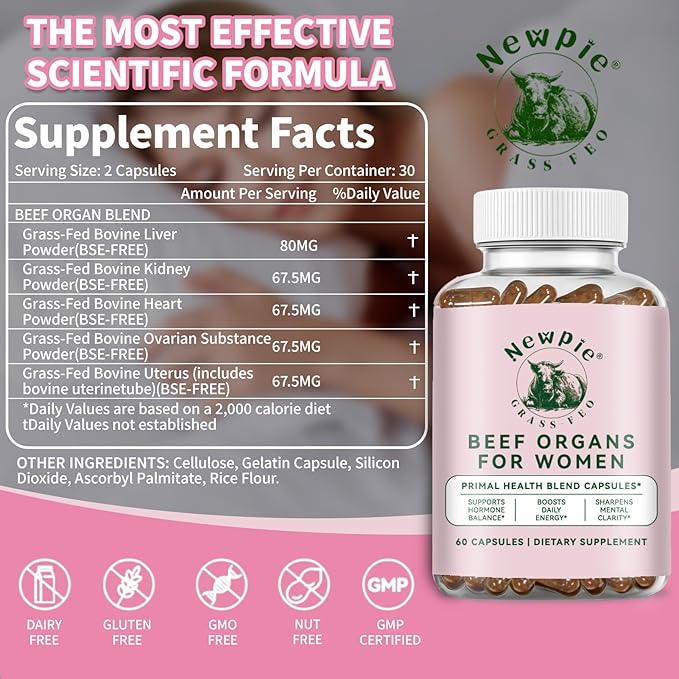 Beef Organ Supplement for Women - 5300mg Beef Liver Kidney for Hormone Balance Menstruation Energy Immunity Gut &amp Skin Health (2)