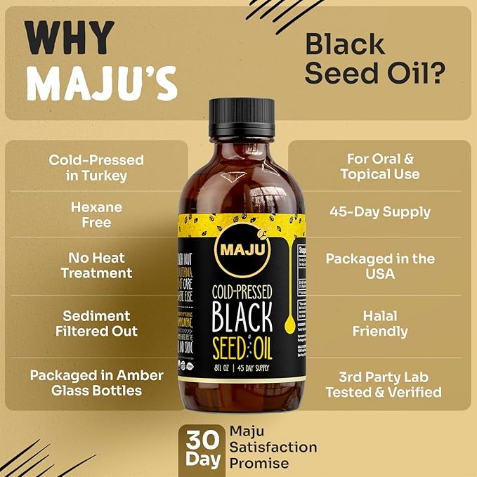 MAJU Black Seed Oil - 3 Times Thymoquinone Cold-Pressed 100% Turkish Black Cumin Seed Oil Liquid Pure Blackseed Glass Bottle 8 oz