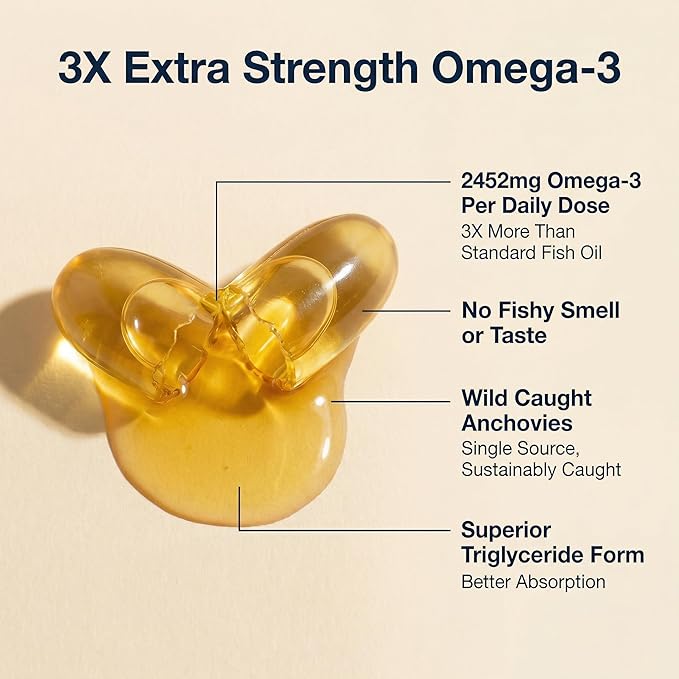 AQUAOMEGA 3X Extra Strength Omega-3 Fish Oil for Heart Brain &amp Immune Support 1636mg EPA 544mg DHA + Vitamin D3 Full Natural Triglyceride Form Wild Caught IFOS 5-Star Certified (120 Softgels