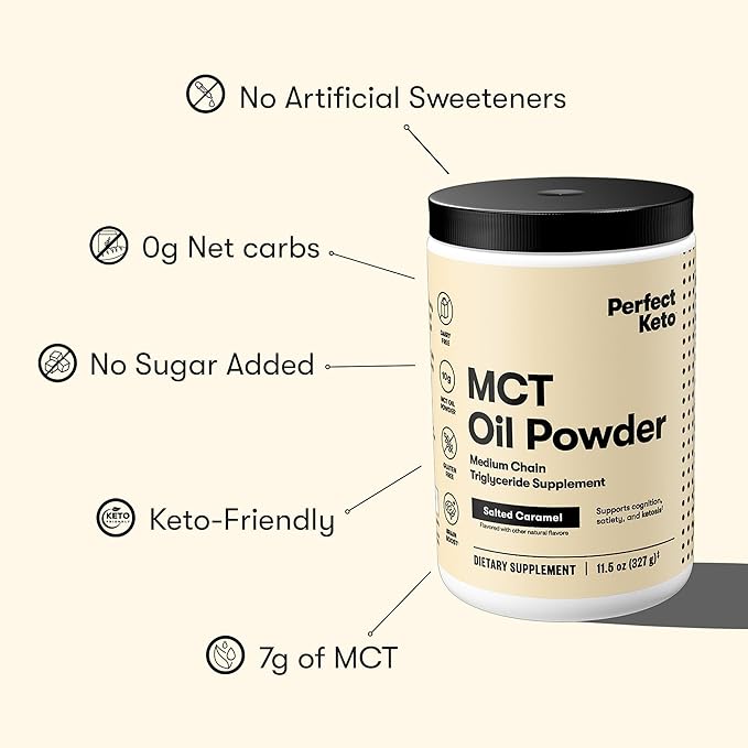 Perfect Keto 7g MCT Oil Powder Medium Chain Triglycerides Supplement Non Dairy Coffee Creamer for Keto Diet Ketogenic MCT Oil Mix for Coffee Smoothie Protein Shakes Salted Caramel 30 Servings