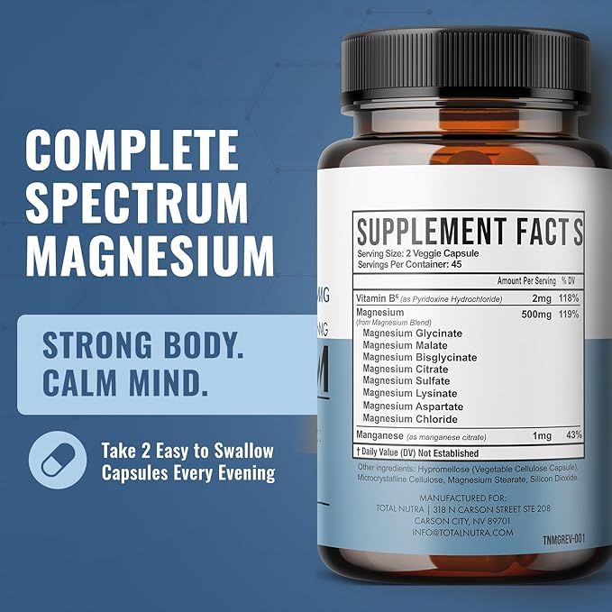 10-in-1 Magnesium Supplement 500 mg | High Absorption Magnesium Complex with Mag Glycinate Citrate Vitamin B6 Magnesium for Sleep Muscle Bone &amp Heart Health Vegan &amp Gluten-Free 45 Day Su