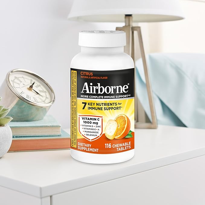 Airborne Vitamin C 1000mg (per Serving) - Citrus Chewable Tablets (116 Count in a Bottle) Gluten-Free Immune Support Supplement with Vitamins A C E Zinc Selenium Echinacea Ginger Antioxidants