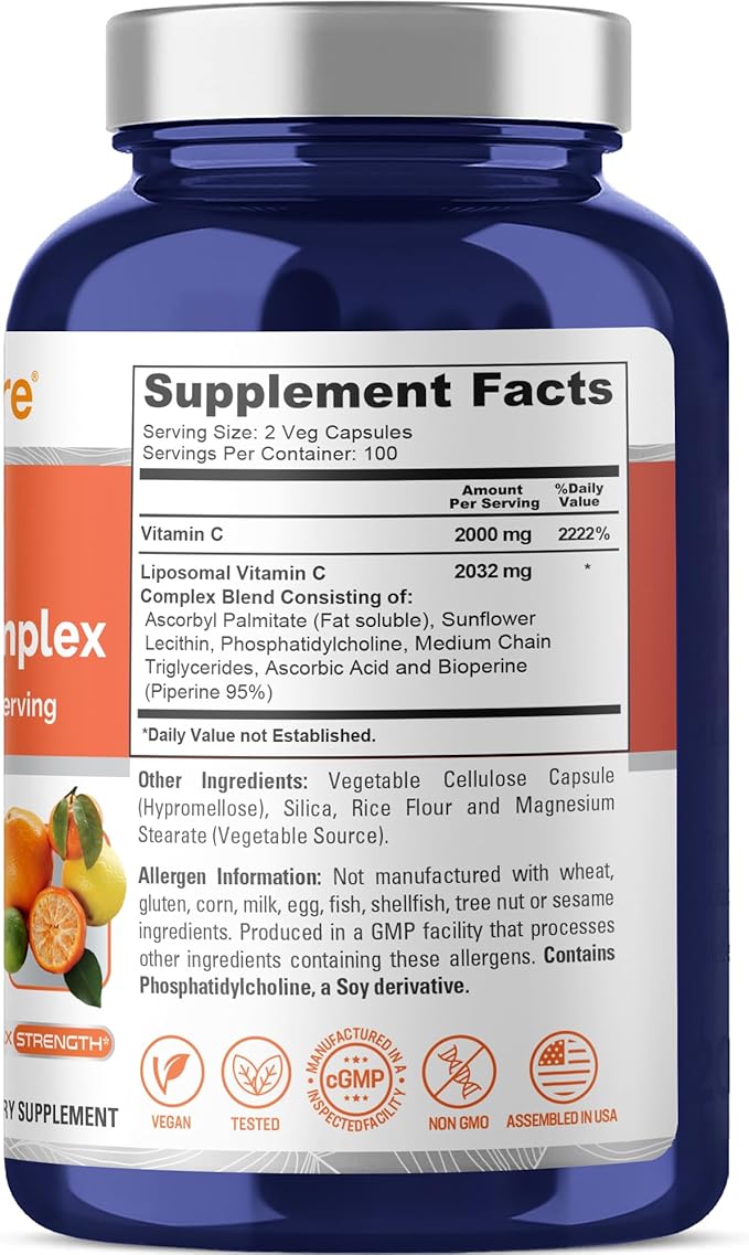 NusaPure Liposomal Vitamin C 2032mg - 200 Veggie Vegan Capsules BioPerine - High Absorption Ascorbic Acid