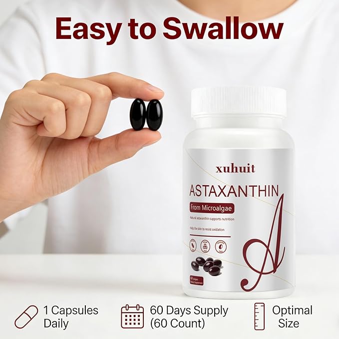 Astaxanthin 12mg 60 Softgels Natural Antioxidant Supplement from Microalgae Non-GMO Soy Free Supports Skin Health Easy to Swallow Softgels 2 Month Supply (1)