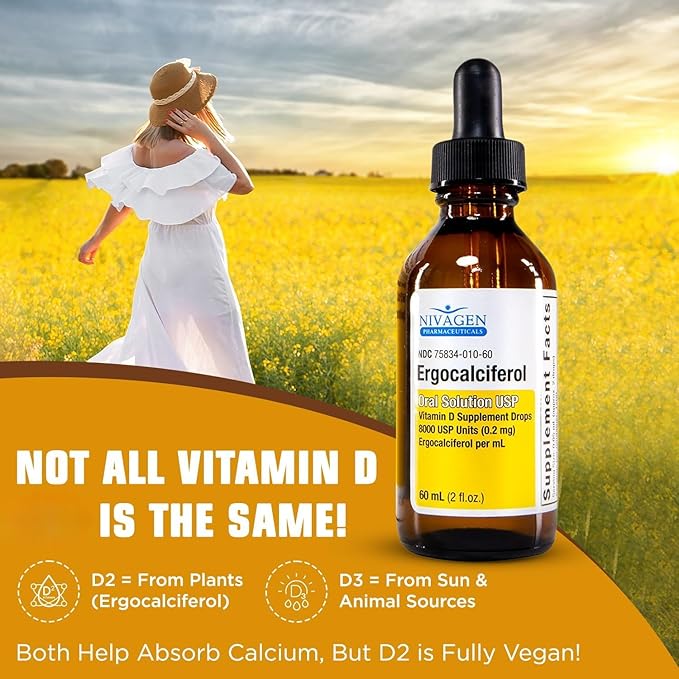 Nivagen Vitamin D2 Liquid Drops 8000 USP (Ergocalciferol) | 400 IU per Serving | 2 Drops Once Daily | 1200 Servings 60ml (2 fl. oz) | Faster Absorption | Bone Muscle &amp Immune Support | Made in