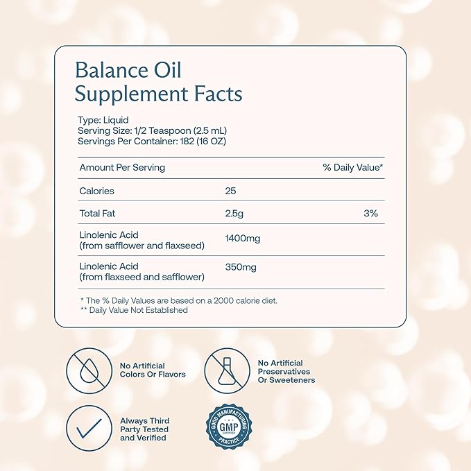 BodyBio Balance Oil - Vegan Omega 3 6 Supplement – Cold-Pressed Safflower &amp Flaxseed Oil – Supports Brain Function Healthy Skin and Mood