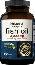 NatureBell Omega-3 Fish Oil 3000mg - 240 Softgels - Support for Joint Brain &amp Heart Health* - with EPA &amp DHA - No Burps or Fishy Aftertaste - Non-GMO &amp Mercury-Free Formula - Lemon Flavo