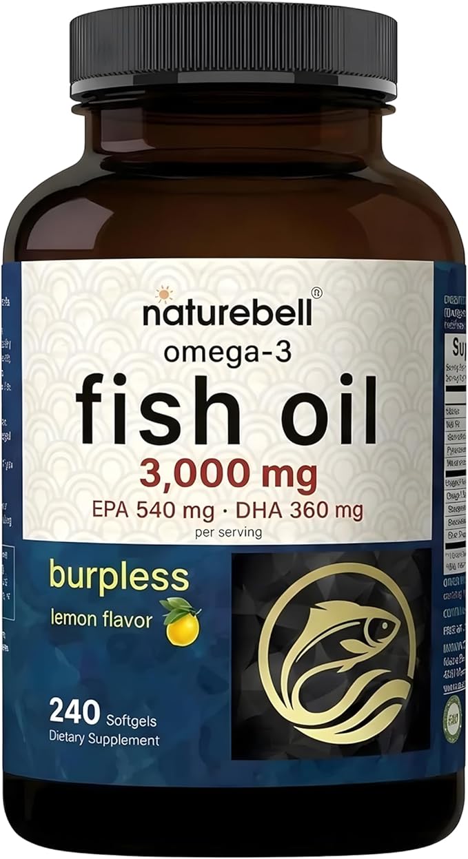 NatureBell Omega-3 Fish Oil 3000mg - 240 Softgels - Support for Joint Brain &amp Heart Health* - with EPA &amp DHA - No Burps or Fishy Aftertaste - Non-GMO &amp Mercury-Free Formula - Lemon Flavo