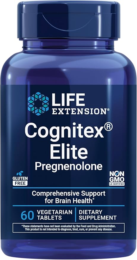 Life Extension Cognitex® Elite Pregnenolone sage Blueberry ashwagandha phosphatidylserine Advanced Formula Attention Focus Memory Gluten-Free Non-GMO Vegetarian 60 Tablets