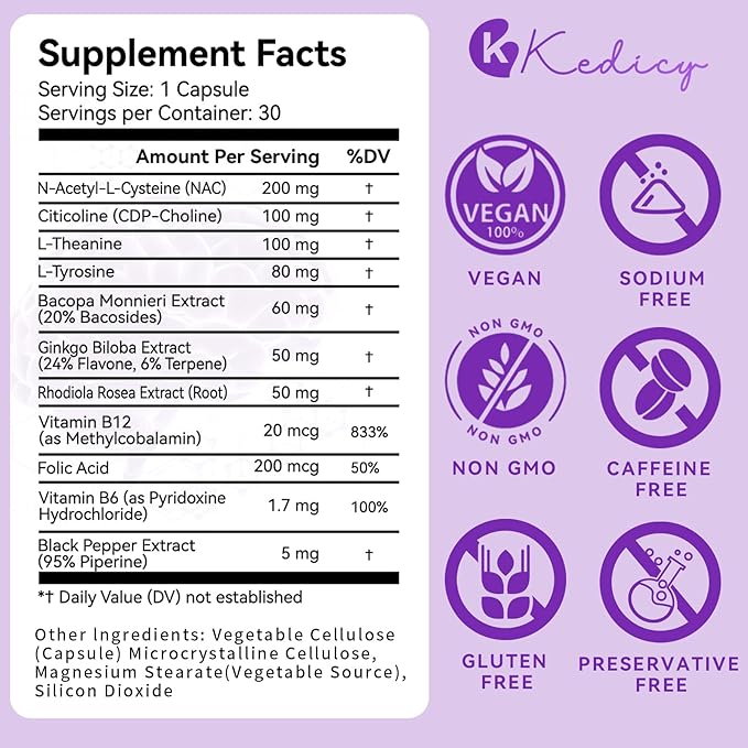 Brain Supplements for Memory and Focus 11 in 1 Brain Supplement with NAC B12 L-Theanine Bacopa Monnieri &amp More - for Brain Cognitive Mental Clarity &amp Concentration - Vegan 30 Caps(30 Se